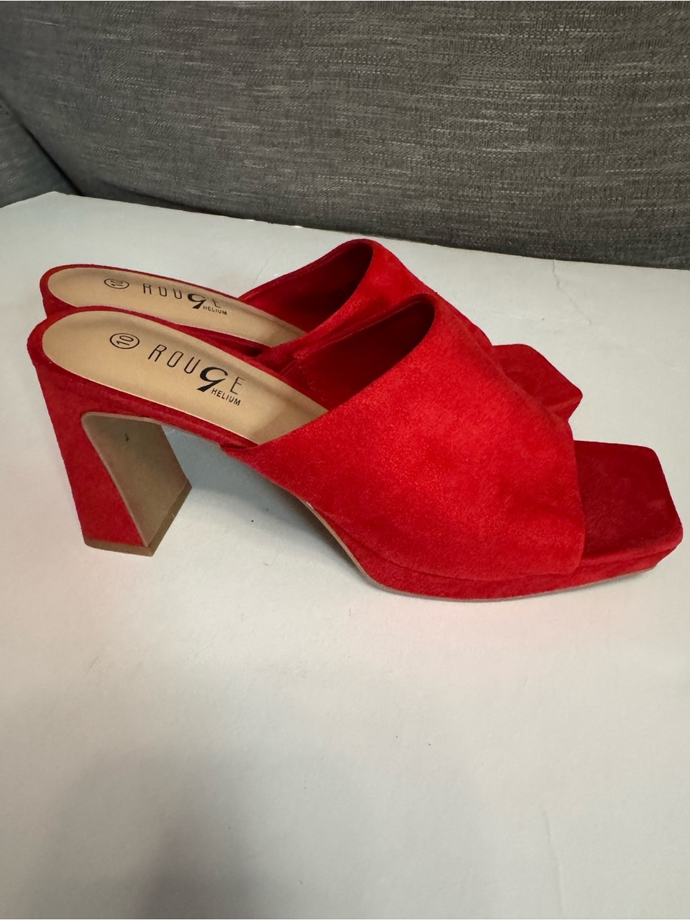 Rouge Helium Red Suede Open-Toe Block Heel Mules